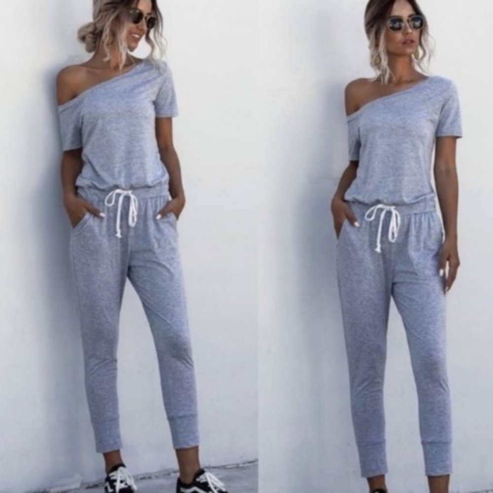EMILIE Off Shoulder Grey Jumpsuit - Picture 3 of 3
